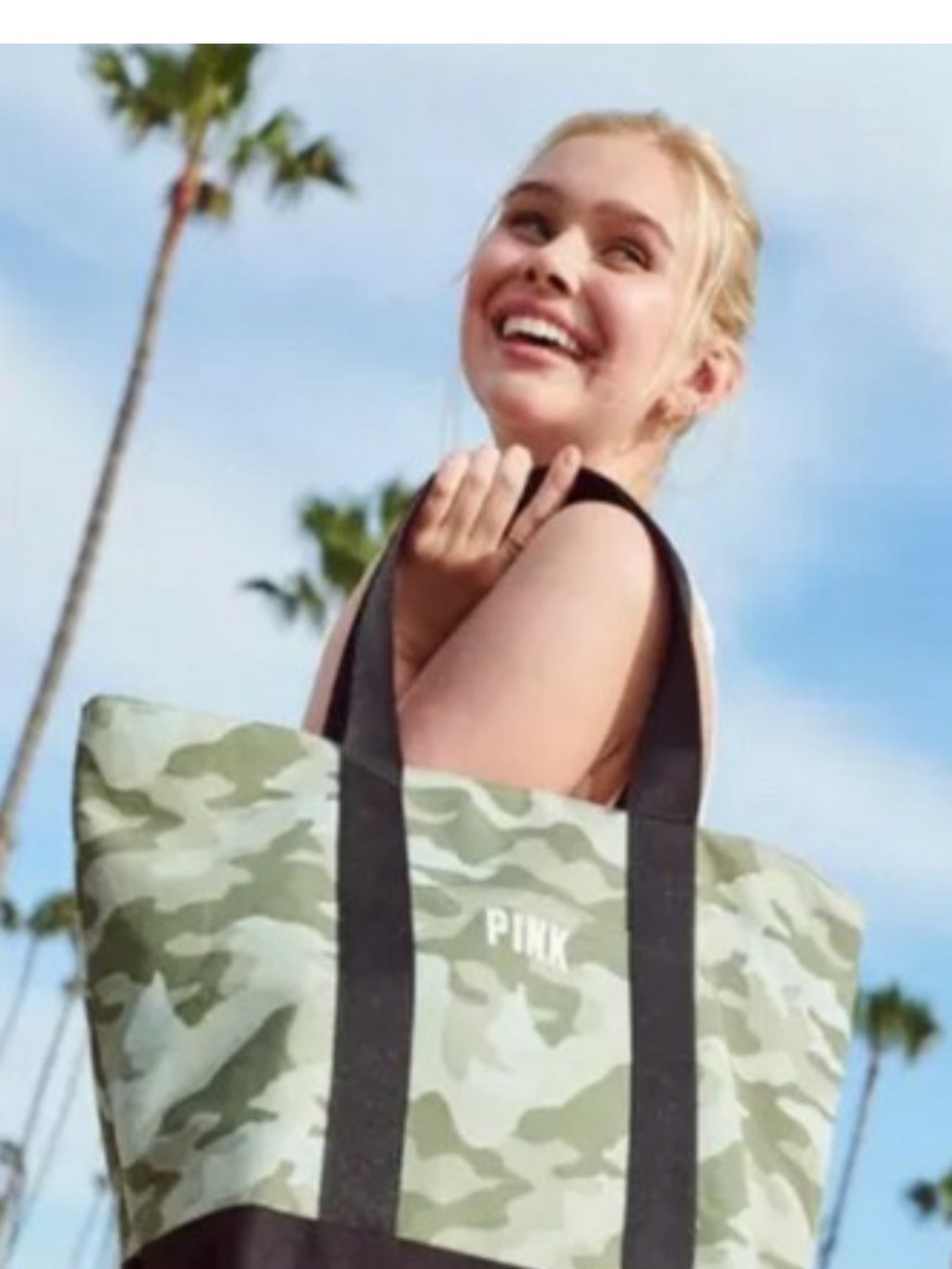 PINK Victoria's Secret Green Camo Canvas Tote with Black Base. NEW WITH OUT TAGS